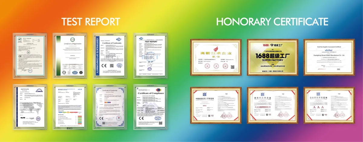 SKMEI factory certifications on wall