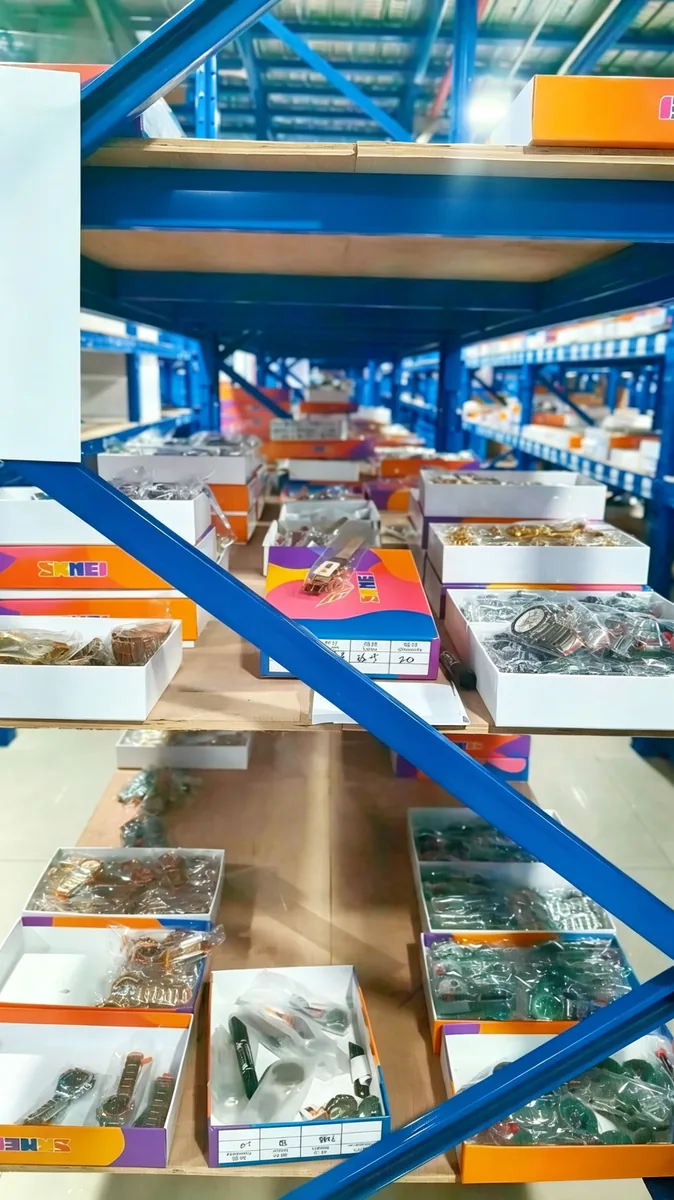 SKMEI watch inventory on warehouse shelves